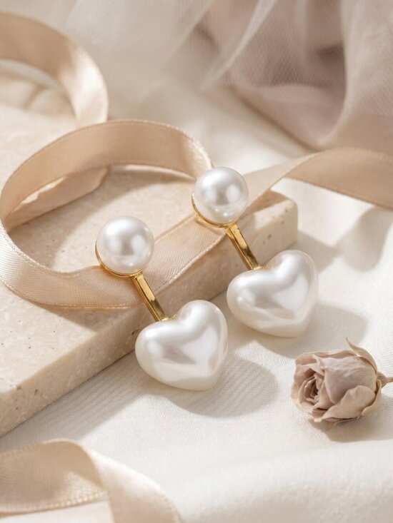 2-in-1 Heart Pearl Ear Jacket Stud Earrings Gold Plated Dainty Coquette Bridal